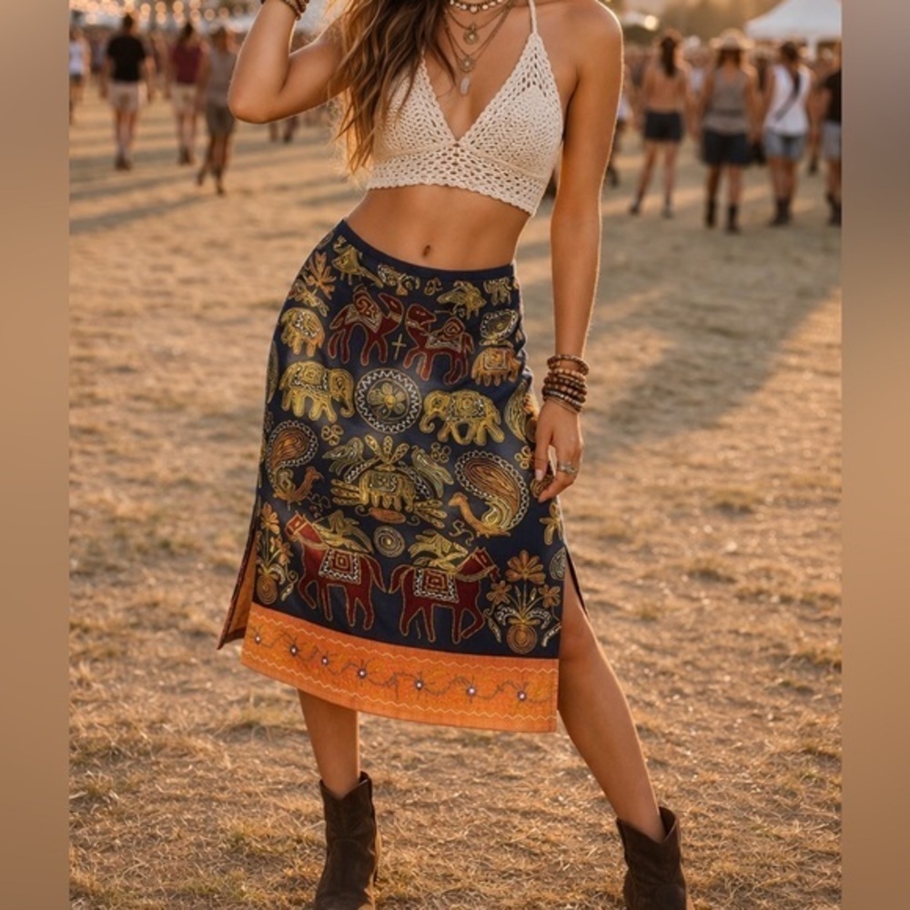 Boho Embroidered Elephant Midi Skirt Vintage Festival Hippie Pencil 28” Waist